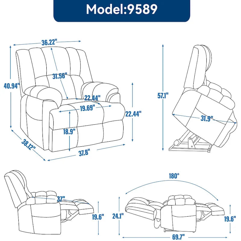 Fauteuil inclinable gris surdimensionné en chenille avec massage, chauffage et inclinaison à plat