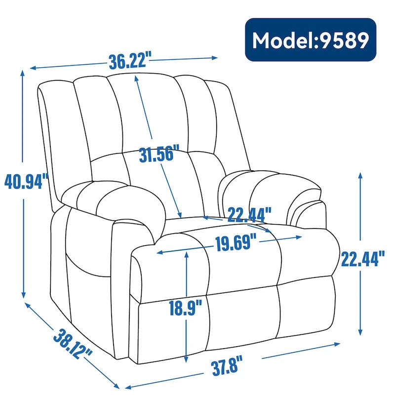Fauteuil inclinable gris surdimensionné en chenille avec massage, chauffage et inclinaison à plat