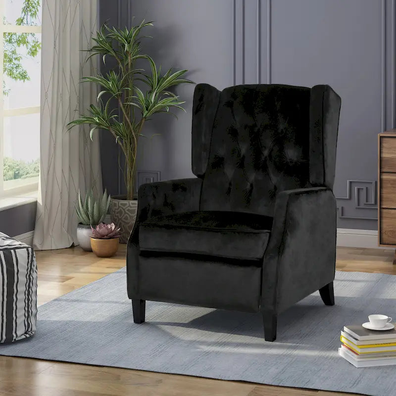 Fauteuil inclinable à dossier haut et repose-pieds, style Mid-Century en velours noir, avec capitonnage