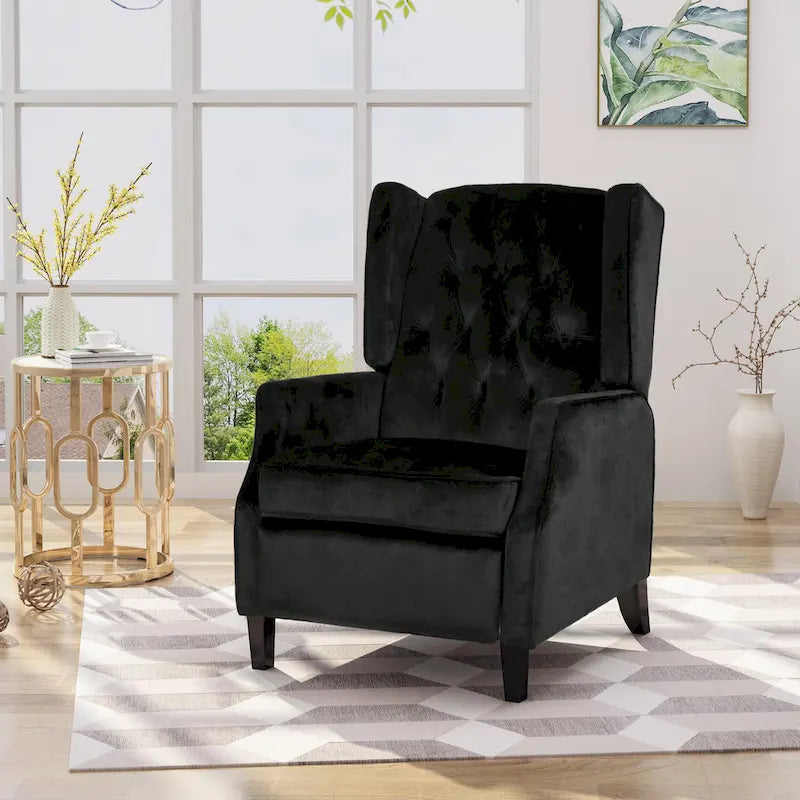 Fauteuil inclinable à dossier haut et repose-pieds, style Mid-Century en velours noir, avec capitonnage