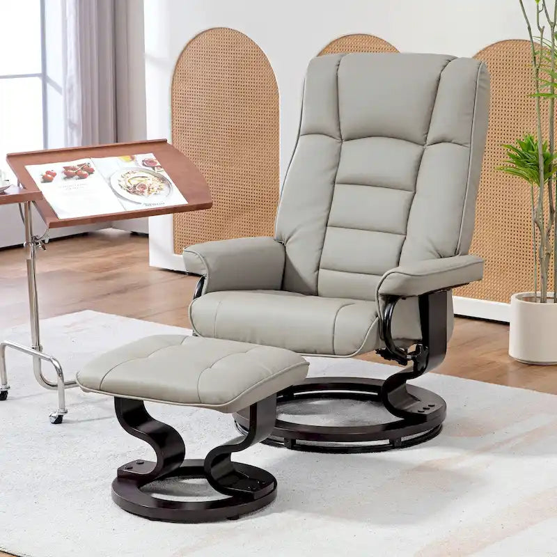 Fauteuil inclinable avec pouf, Fauteuil inclinable pivotant avec pouf, Fauteuil inclinable en similicuir avec dossier haut et cadre en bois