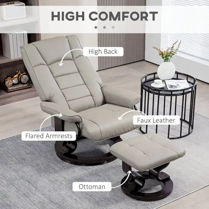 Fauteuil inclinable avec pouf, Fauteuil inclinable pivotant avec pouf, Fauteuil inclinable en similicuir avec dossier haut et cadre en bois
