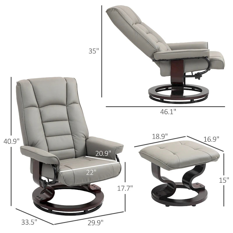 Fauteuil inclinable avec pouf, Fauteuil inclinable pivotant avec pouf, Fauteuil inclinable en similicuir avec dossier haut et cadre en bois