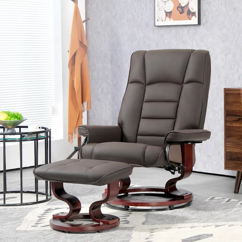 Fauteuil inclinable avec pouf, Fauteuil inclinable pivotant avec pouf, Fauteuil inclinable en similicuir avec dossier haut et cadre en bois