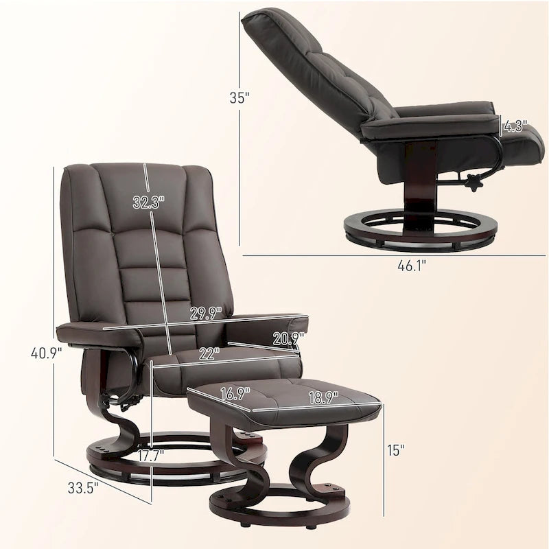Fauteuil inclinable avec pouf, Fauteuil inclinable pivotant avec pouf, Fauteuil inclinable en similicuir avec dossier haut et cadre en bois
