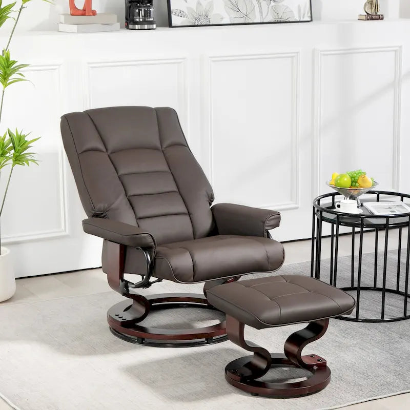 Fauteuil inclinable avec pouf, Fauteuil inclinable pivotant avec pouf, Fauteuil inclinable en similicuir avec dossier haut et cadre en bois