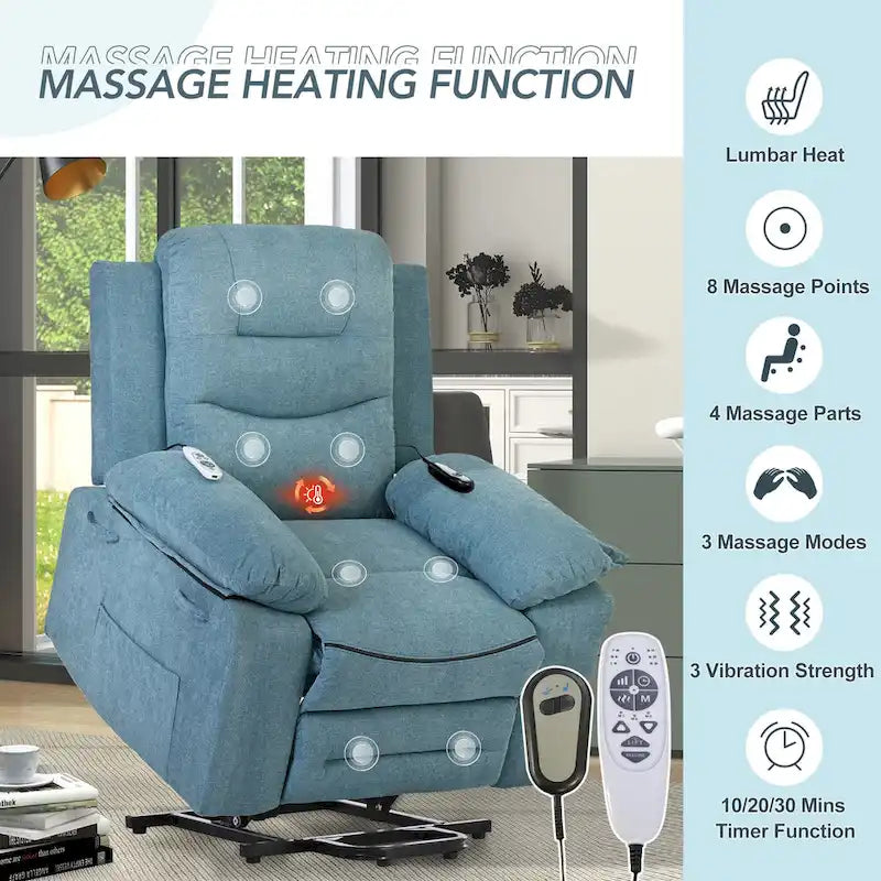Fauteuil inclinable de massage pour seniors - Inclinaison motorisée, massage réglable, fonctions chauffantes, inclinaison à position infinie et poche latérale.