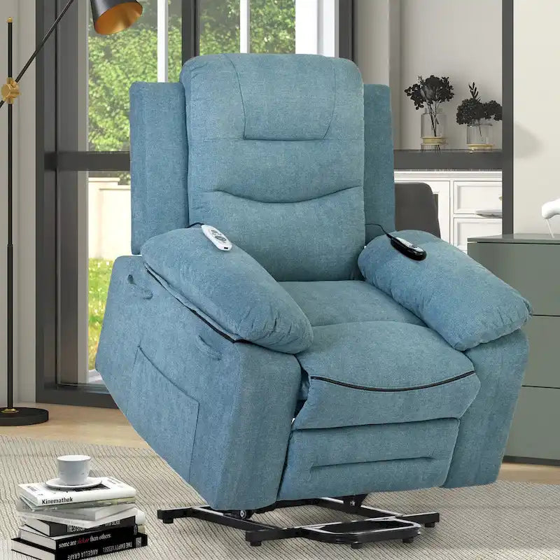 Fauteuil inclinable de massage pour seniors - Inclinaison motorisée, massage réglable, fonctions chauffantes, inclinaison à position infinie et poche latérale.