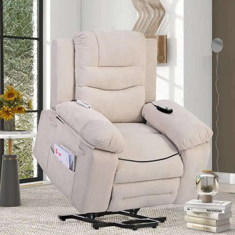 Fauteuil inclinable de massage pour seniors - Inclinaison motorisée, massage réglable, fonctions chauffantes, inclinaison à position infinie et poche latérale.
