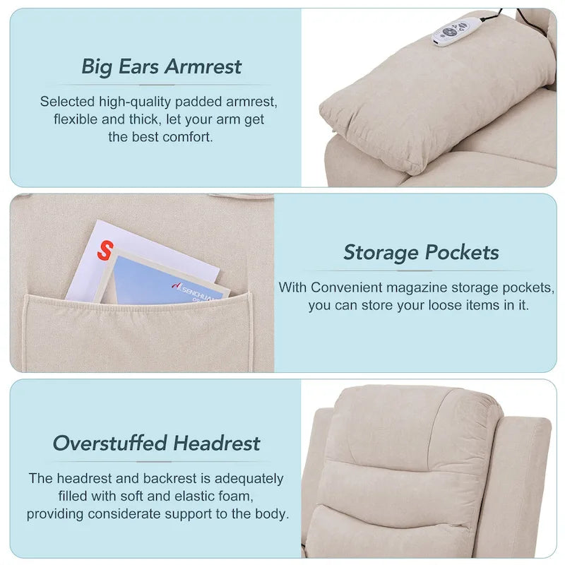 Fauteuil inclinable de massage pour seniors - Inclinaison motorisée, massage réglable, fonctions chauffantes, inclinaison à position infinie et poche latérale.