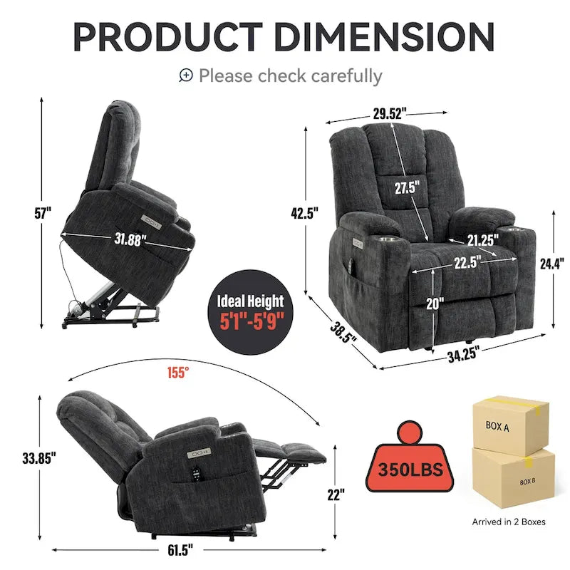 Grand fauteuil inclinable releveur électrique avec massage et chauffage pour personnes âgées, larges fauteuils inclinables, avec ports USB et Type C, 2 porte-gobelets
