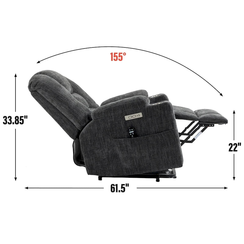 Grand fauteuil inclinable releveur électrique avec massage et chauffage pour personnes âgées, larges fauteuils inclinables, avec ports USB et Type C, 2 porte-gobelets