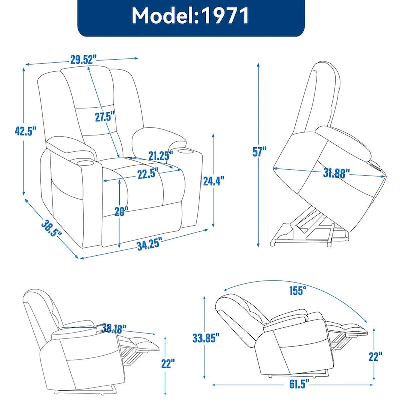 Grand fauteuil inclinable releveur électrique avec massage et chauffage pour personnes âgées, larges fauteuils inclinables, avec ports USB et Type C, 2 porte-gobelets