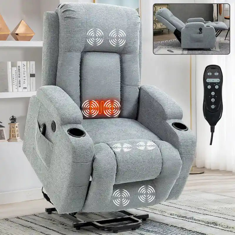 Grand fauteuil inclinable releveur électrique avec massage et chauffage pour personnes âgées, larges fauteuils inclinables, avec ports USB et Type C, 2 porte-gobelets