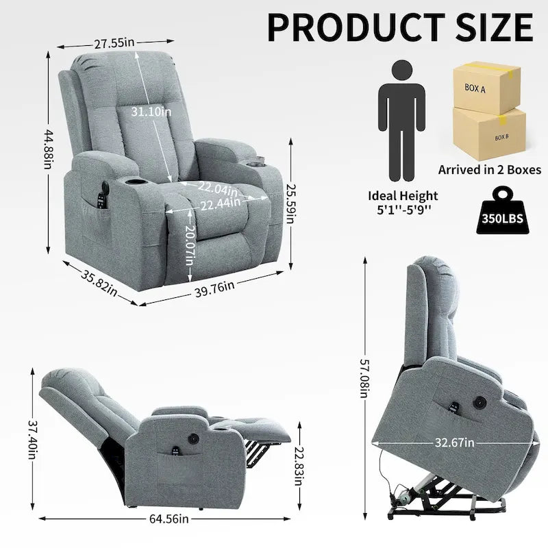 Grand fauteuil inclinable releveur électrique avec massage et chauffage pour personnes âgées, larges fauteuils inclinables, avec ports USB et Type C, 2 porte-gobelets