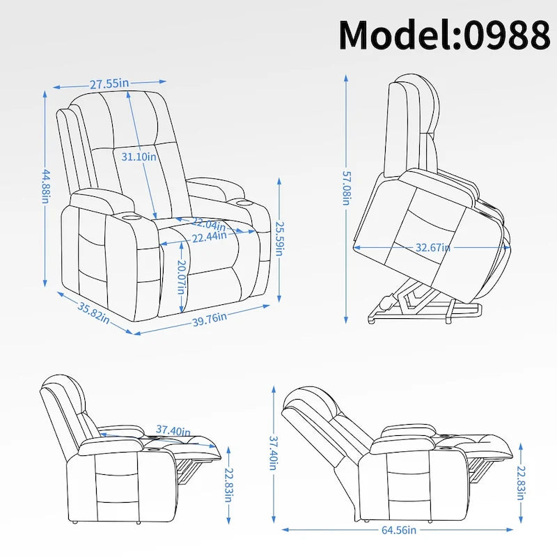 Grand fauteuil inclinable releveur électrique avec massage et chauffage pour personnes âgées, larges fauteuils inclinables, avec ports USB et Type C, 2 porte-gobelets