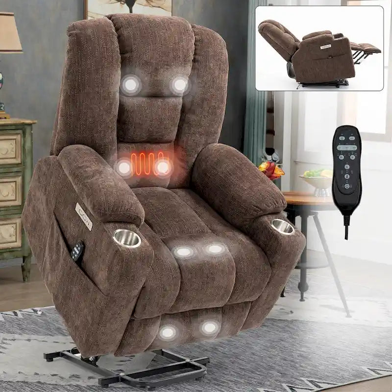 Grand fauteuil inclinable releveur électrique avec massage et chauffage pour personnes âgées, larges fauteuils inclinables, avec ports USB et Type C, 2 porte-gobelets