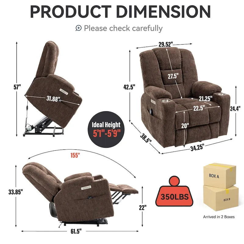 Grand fauteuil inclinable releveur électrique avec massage et chauffage pour personnes âgées, larges fauteuils inclinables, avec ports USB et Type C, 2 porte-gobelets