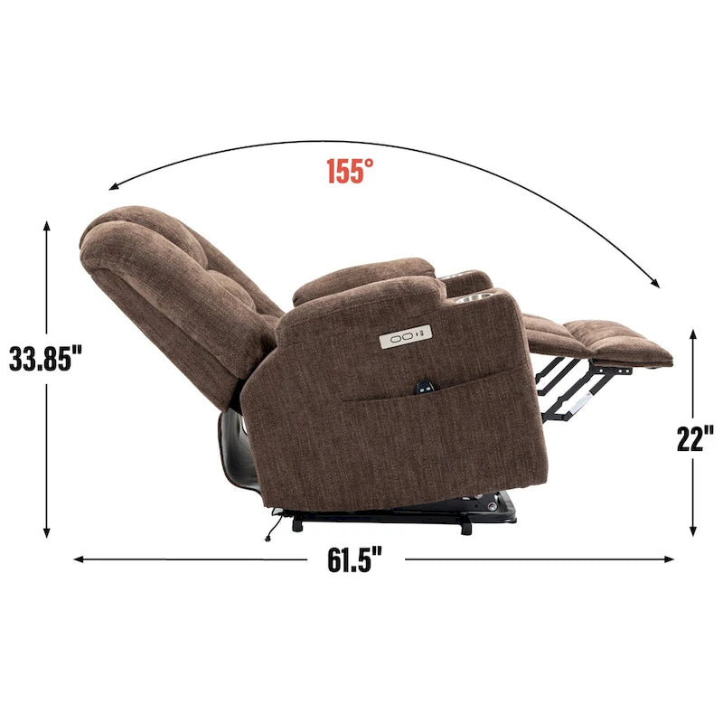 Grand fauteuil inclinable releveur électrique avec massage et chauffage pour personnes âgées, larges fauteuils inclinables, avec ports USB et Type C, 2 porte-gobelets