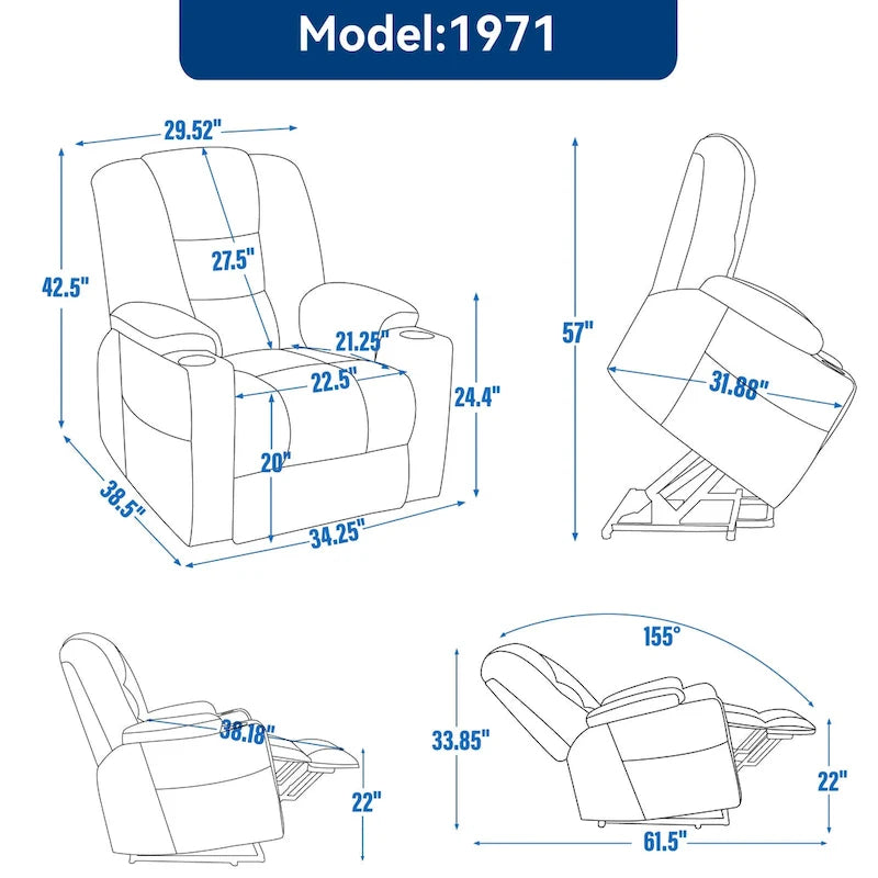 Grand fauteuil inclinable releveur électrique avec massage et chauffage pour personnes âgées, larges fauteuils inclinables, avec ports USB et Type C, 2 porte-gobelets
