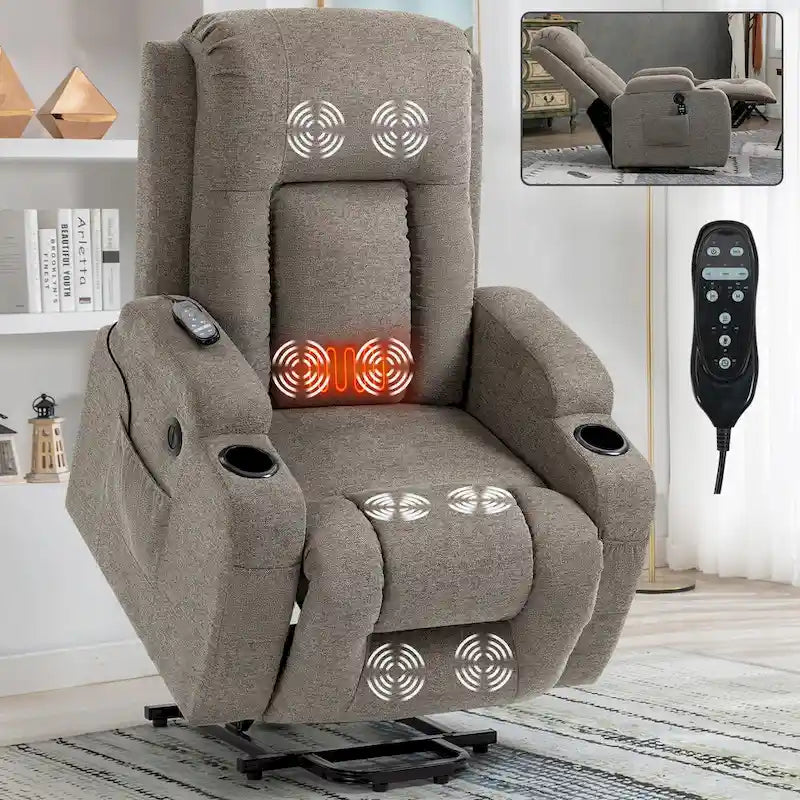 Grand fauteuil inclinable releveur électrique avec massage et chauffage pour personnes âgées, larges fauteuils inclinables, avec ports USB et Type C, 2 porte-gobelets