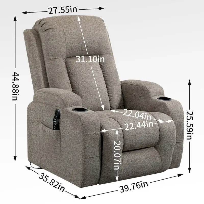 Grand fauteuil inclinable releveur électrique avec massage et chauffage pour personnes âgées, larges fauteuils inclinables, avec ports USB et Type C, 2 porte-gobelets