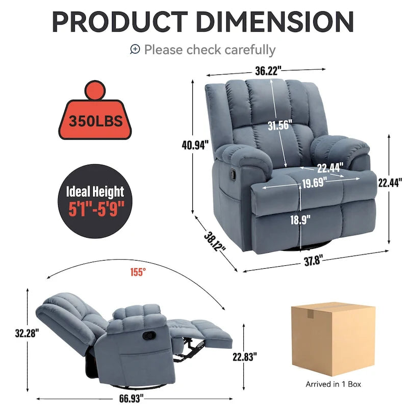Fauteuil inclinable manuel en tissu avec fonction bascule et pivotante pour le salon