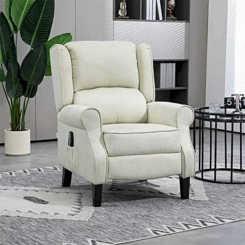 Fauteuil inclinable massant en lin avec fonction chauffante, repose-pieds et pochette latérale