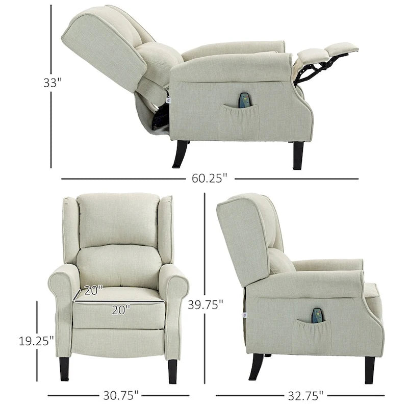 Fauteuil inclinable massant en lin avec fonction chauffante, repose-pieds et pochette latérale
