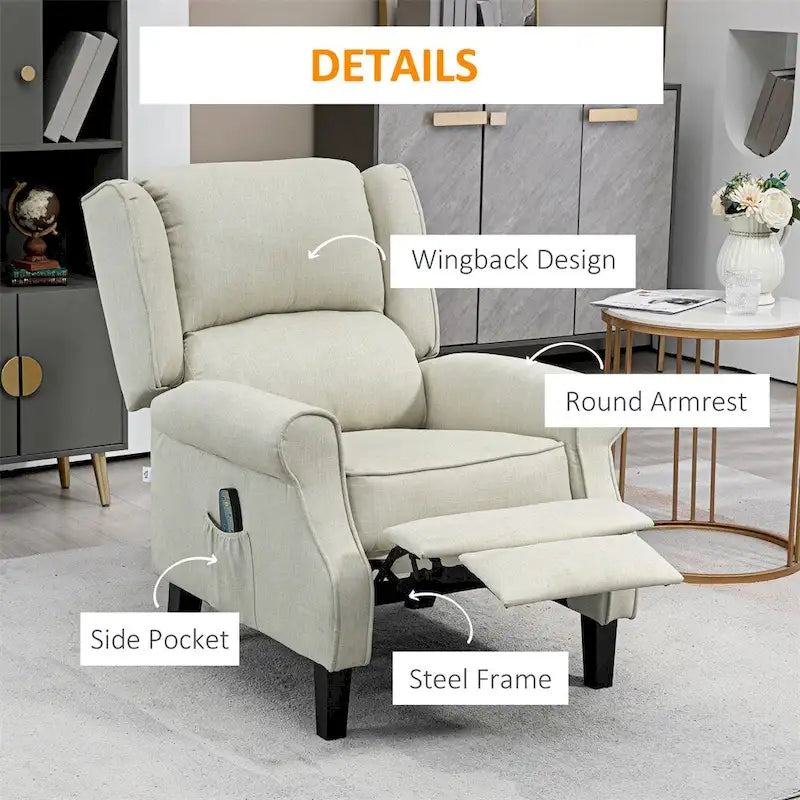 Fauteuil inclinable massant en lin avec fonction chauffante, repose-pieds et pochette latérale