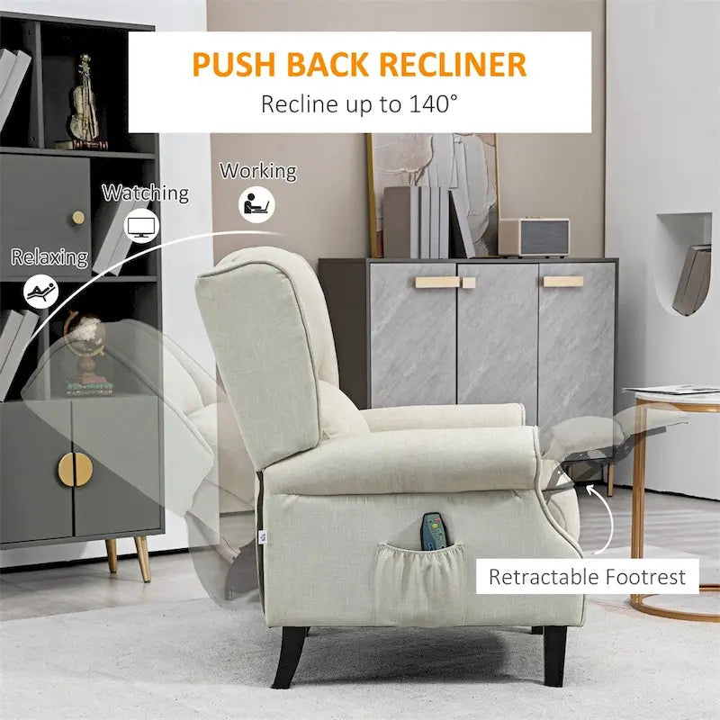 Fauteuil inclinable massant en lin avec fonction chauffante, repose-pieds et pochette latérale