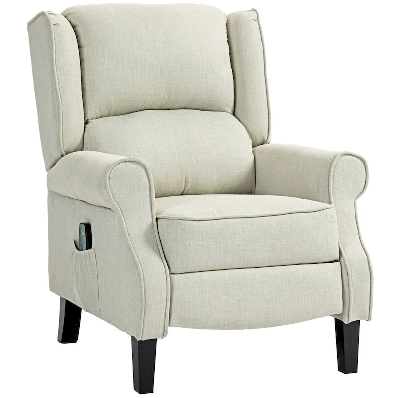Fauteuil inclinable massant en lin avec fonction chauffante, repose-pieds et pochette latérale