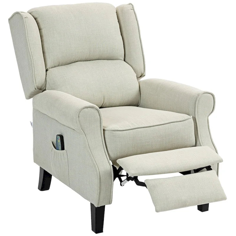 Fauteuil inclinable massant en lin avec fonction chauffante, repose-pieds et pochette latérale