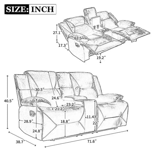 Fauteuil inclinable de cinéma maison à 2 places, inclinable manuel avec bande lumineuse à LED, deux porte-gobelets et un compartiment de rangement