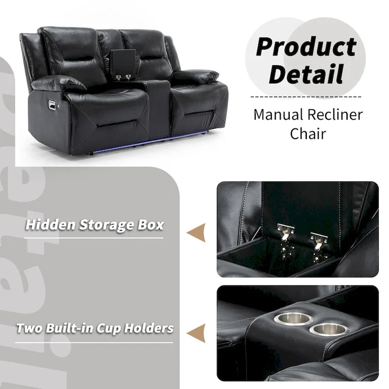 Fauteuil inclinable de cinéma maison à 2 places, inclinable manuel avec bande lumineuse à LED, deux porte-gobelets et un compartiment de rangement