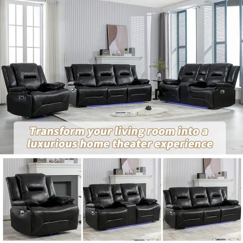 Fauteuil inclinable de cinéma maison à 2 places, inclinable manuel avec bande lumineuse à LED, deux porte-gobelets et un compartiment de rangement