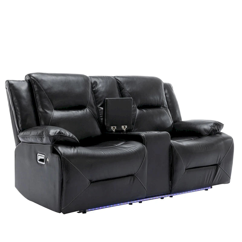 Fauteuil inclinable de cinéma maison à 2 places, inclinable manuel avec bande lumineuse à LED, deux porte-gobelets et un compartiment de rangement