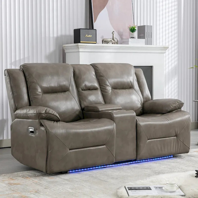 Fauteuil inclinable de cinéma maison à 2 places, inclinable manuel avec bande lumineuse à LED, deux porte-gobelets et un compartiment de rangement