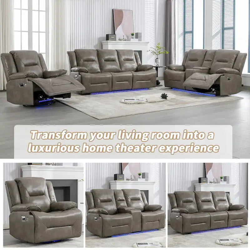 Fauteuil inclinable de cinéma maison à 2 places, inclinable manuel avec bande lumineuse à LED, deux porte-gobelets et un compartiment de rangement