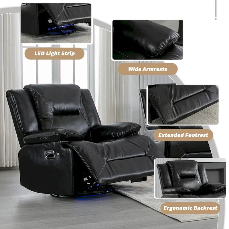 Fauteuil inclinable de cinéma maison Fauteuil inclinable manuel avec bande lumineuse LED Deux porte-gobelets intégrés pour salon, chambre, noir,