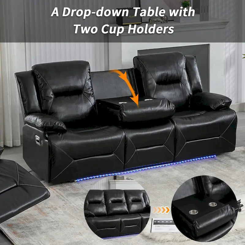 Fauteuil inclinable de cinéma maison Fauteuil inclinable manuel avec bande lumineuse LED Deux porte-gobelets intégrés pour salon, chambre, noir,