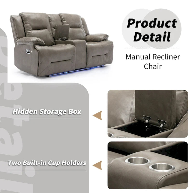 Fauteuil inclinable de cinéma maison Fauteuil inclinable manuel avec bande lumineuse LED Deux porte-gobelets intégrés pour salon, chambre, noir,