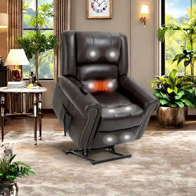 Fauteuil inclinable releveur en cuir véritable avec massage et chauffage lombaire, ports USB
