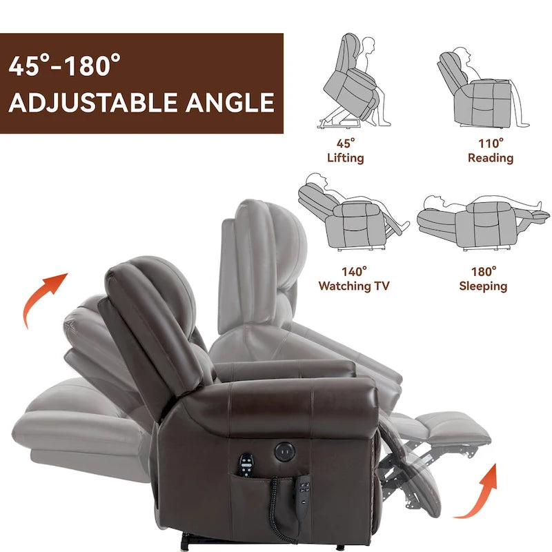 Fauteuil inclinable releveur en cuir véritable avec massage et chauffage lombaire, ports USB