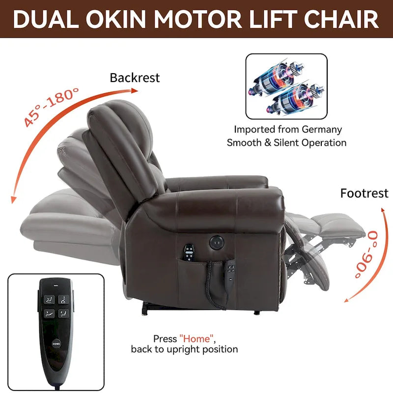 Fauteuil inclinable releveur en cuir véritable avec massage et chauffage lombaire, ports USB