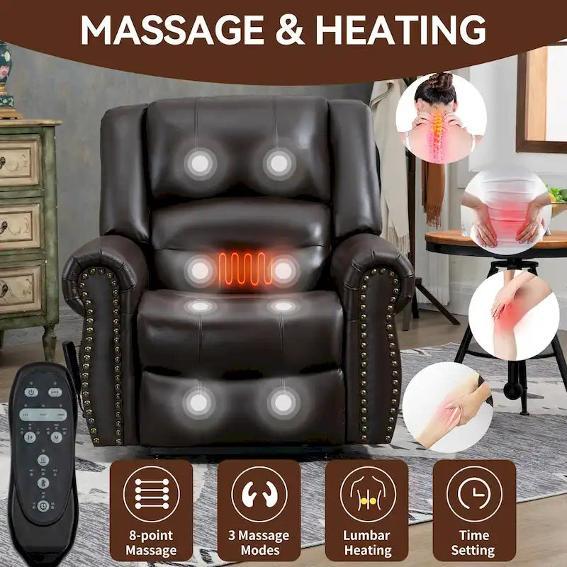 Fauteuil inclinable releveur en cuir véritable avec massage et chauffage lombaire, ports USB