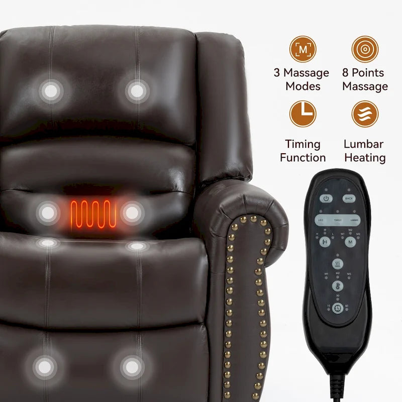 Fauteuil inclinable releveur en cuir véritable avec massage et chauffage lombaire, ports USB