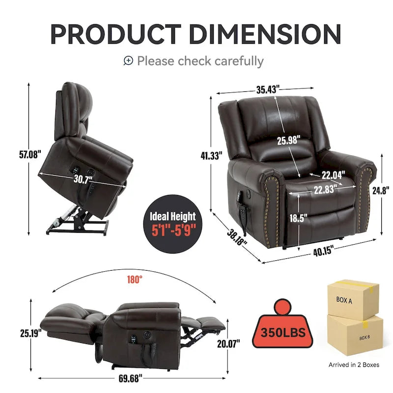 Fauteuil inclinable releveur en cuir véritable avec massage et chauffage lombaire, ports USB