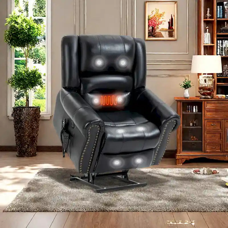 Fauteuil inclinable releveur en cuir véritable avec massage et chauffage lombaire, ports USB