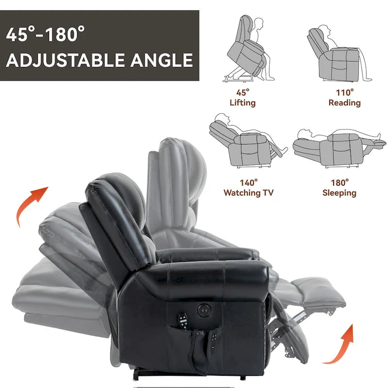 Fauteuil inclinable releveur en cuir véritable avec massage et chauffage lombaire, ports USB